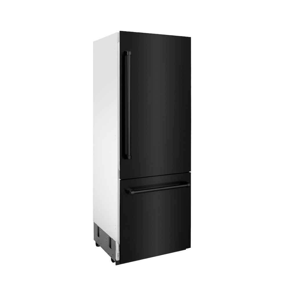 ZLINE 30 in. 16.1 cu. ft. Built-In Bottom Freezer Refrigerator with Water Dispenser and Ice Maker in Black Stainless Steel (RBIV-BS-30) side, closed.