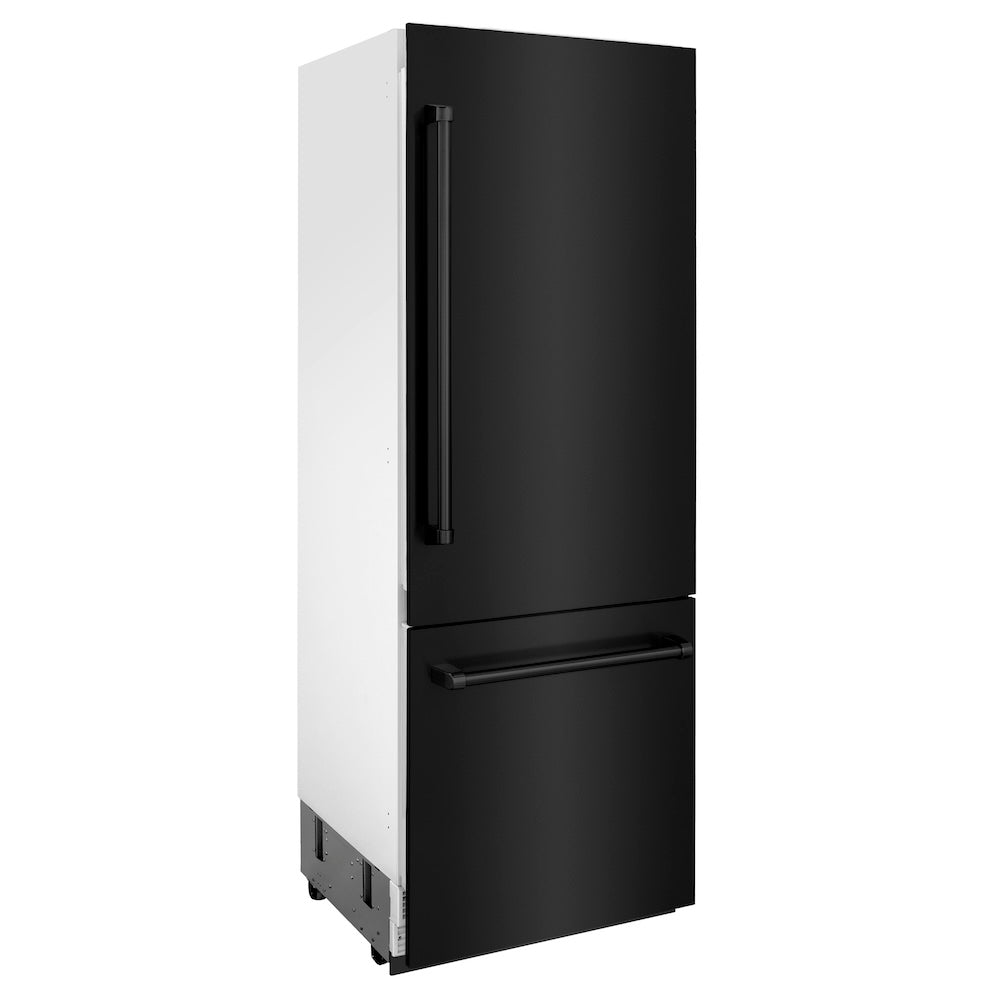 ZLINE 30 in. 16.1 cu. ft. Built-In 2-Door Bottom Freezer Refrigerator with Internal Water and Ice Dispenser in Black Stainless Steel (RBIV-BS-30) side, closed.