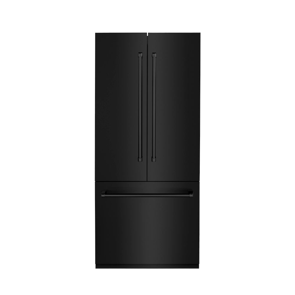 ZLINE 36 in. 19.6 cu. ft. French Door Built-In Bottom Freezer Refrigerator with Water Dispenser and Ice Maker in Black Stainless Steel (RBIV-BS-36) front, closed.