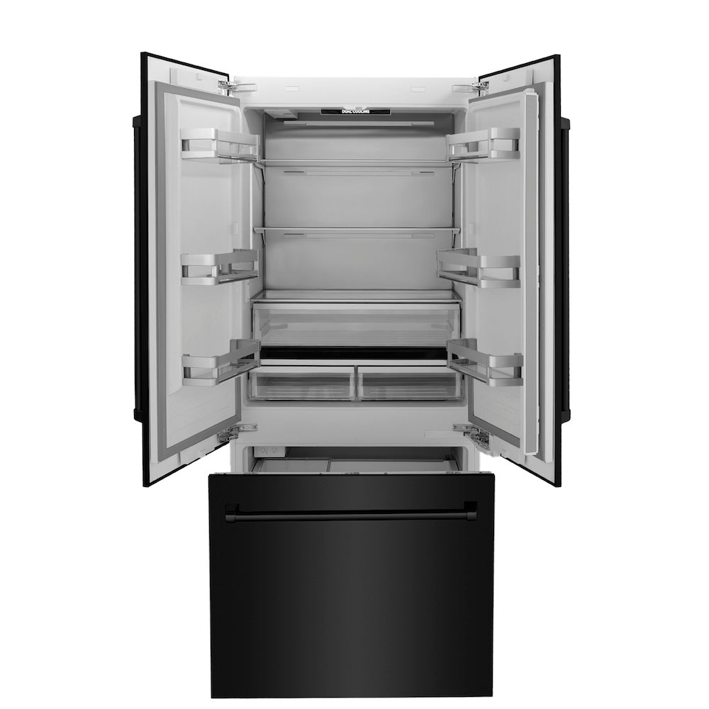 ZLINE 36 in. 19.6 cu. ft. French Door Built-In Bottom Freezer Refrigerator with Water Dispenser and Ice Maker in Black Stainless Steel (RBIV-BS-36) front, open, empty.