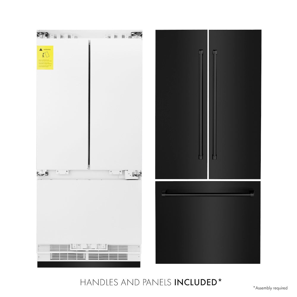 ZLINE 36 in. 19.6 cu. ft. French Door Built-In Bottom Freezer Refrigerator with Water Dispenser and Ice Maker in Black Stainless Steel (RBIV-BS-36) front, refrigeration unit next to panels and handles. Text: Handles and panels included.