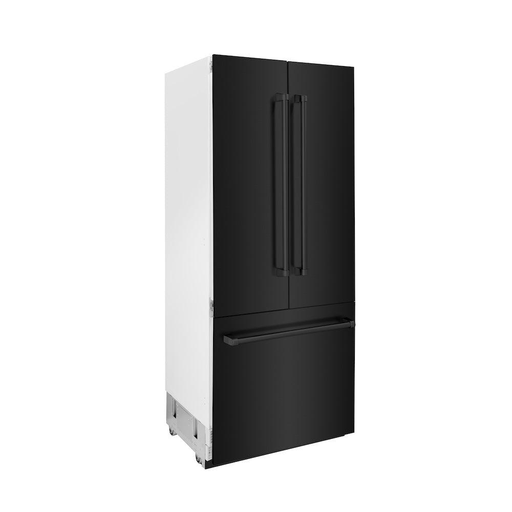 ZLINE 36 in. 19.6 cu. ft. French Door Built-In Bottom Freezer Refrigerator with Water Dispenser and Ice Maker in Black Stainless Steel (RBIV-BS-36) side, closed.