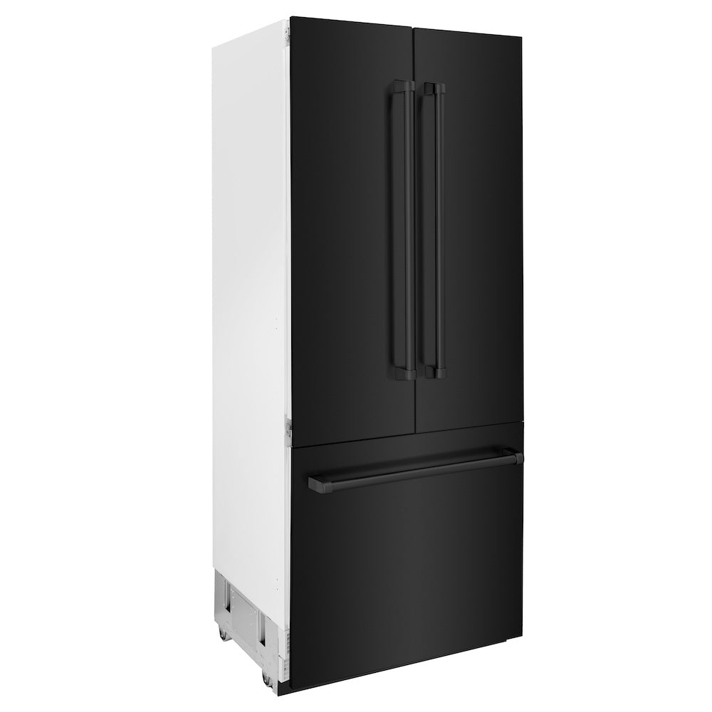 ZLINE 36 in. 19.6 cu. ft. French Door Built-In Bottom Freezer Refrigerator with Water Dispenser and Ice Maker in Black Stainless Steel (RBIV-BS-36) side, closed.