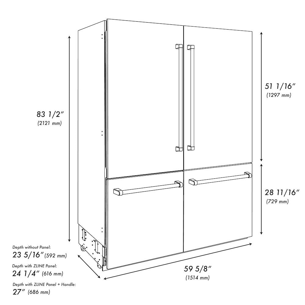 ZLINE 60 in. 32.2 cu. ft. French Door Built-In Bottom Freezer Refrigerator with Water Dispensers and Ice Makers in Black Stainless Steel (RBIV-BS-60) dimensional diagram.