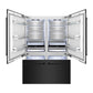 ZLINE 60 in. 32.2 cu. ft. French Door Built-In Bottom Freezer Refrigerator with Water Dispensers and Ice Makers in Black Stainless Steel (RBIV-BS-60) front, refrigeration compartment and bottom freezer open with lights on.
