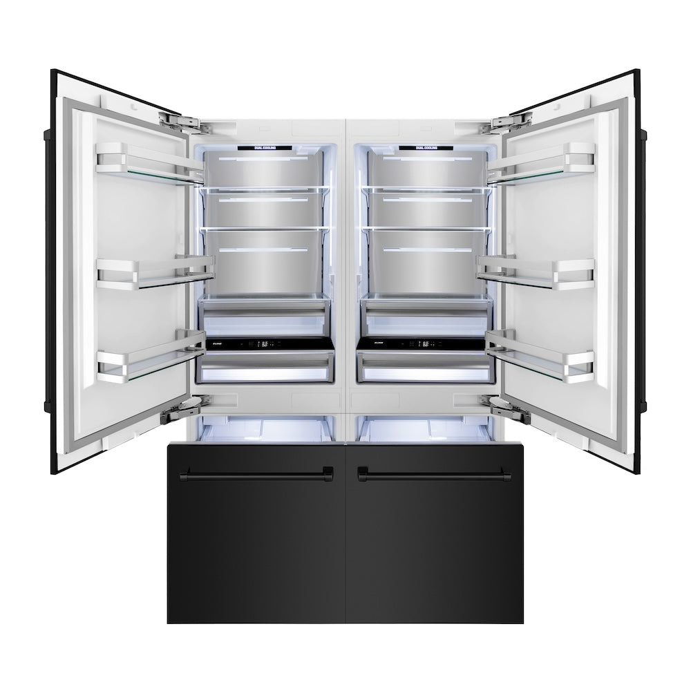 ZLINE 60 in. 32.2 cu. ft. French Door Built-In Bottom Freezer Refrigerator with Water Dispensers and Ice Makers in Black Stainless Steel (RBIV-BS-60) front, refrigeration compartment and bottom freezer open with lights on.