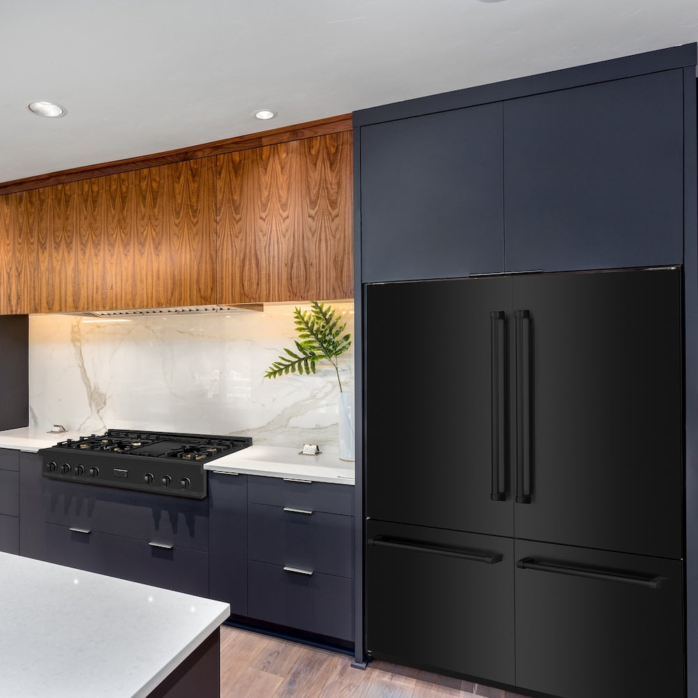 ZLINE 60 in. 32.2 cu. ft. French Door Built-In Bottom Freezer Refrigerator with Water Dispensers and Ice Makers in Black Stainless Steel (RBIV-BS-60) in a luxury kitchen.