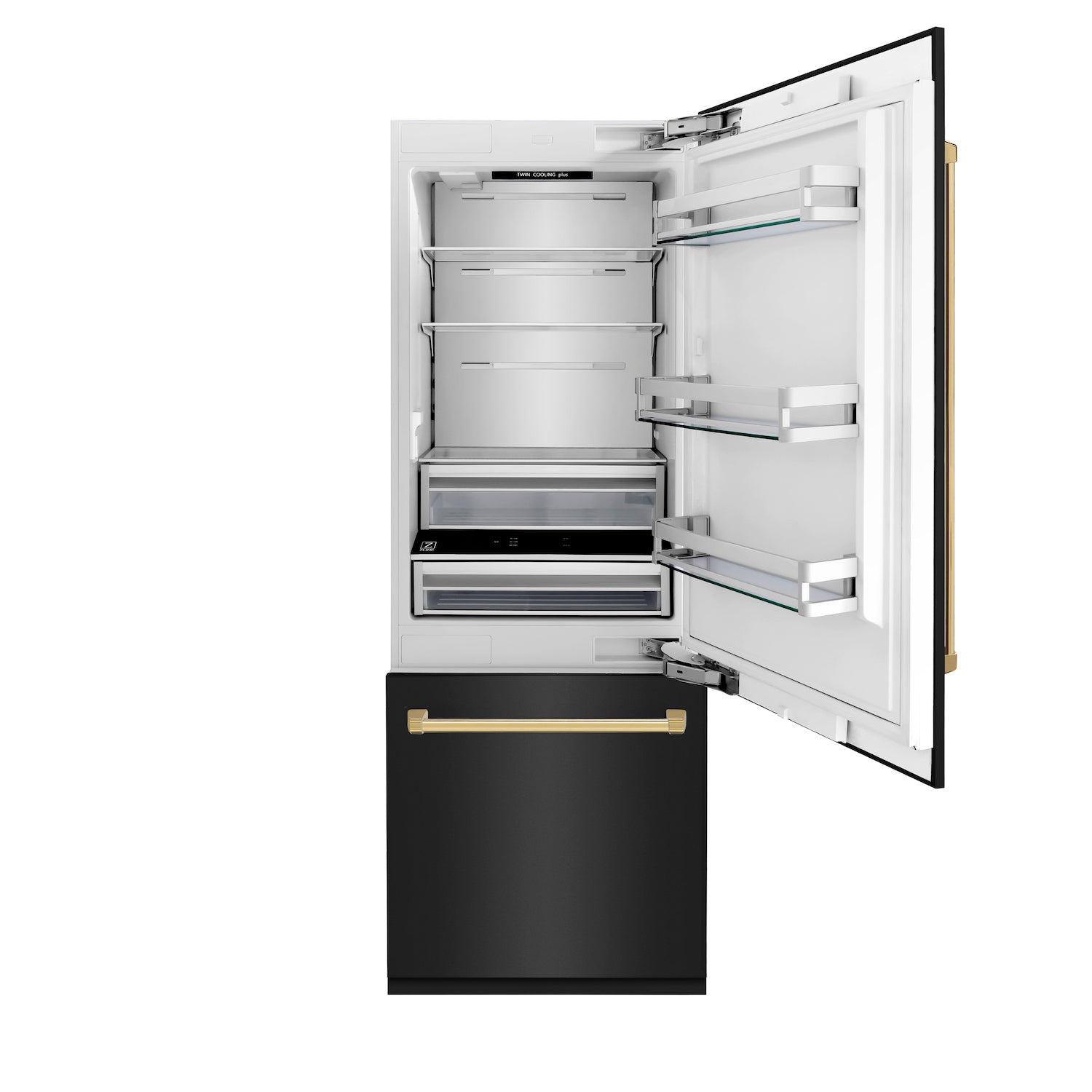 ZLINE Autograph Edition 30 in. 16.1 cu. ft. Built-in 2-Door Bottom Freezer Refrigerator with Internal Water and Ice Dispenser in Black Stainless Steel with Polished Gold Accents (RBIVZ-BS-30-G) front, open.