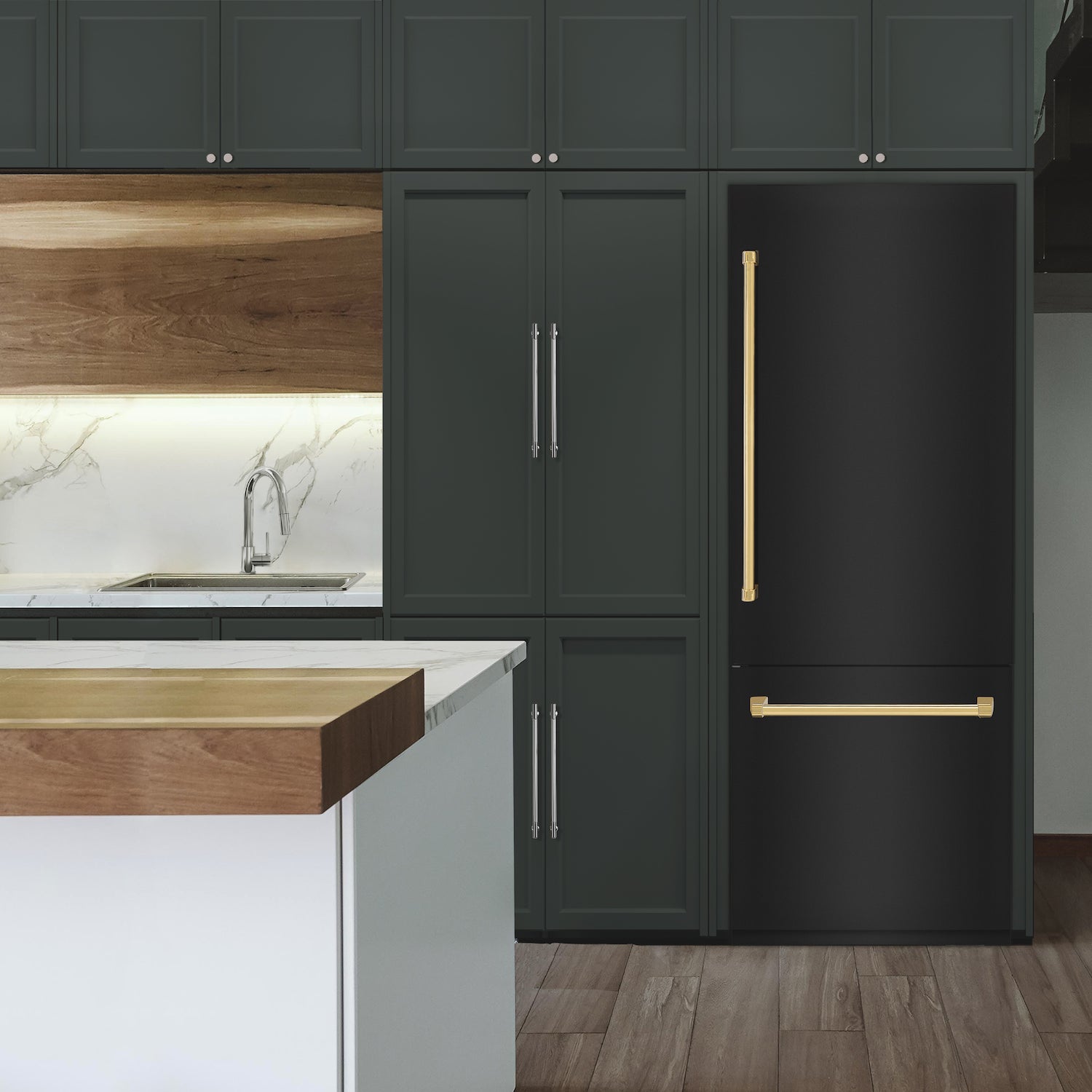ZLINE Autograph Edition Built-in Refrigerator in Black Stainless Steel with Accent Handles in a kitchen.