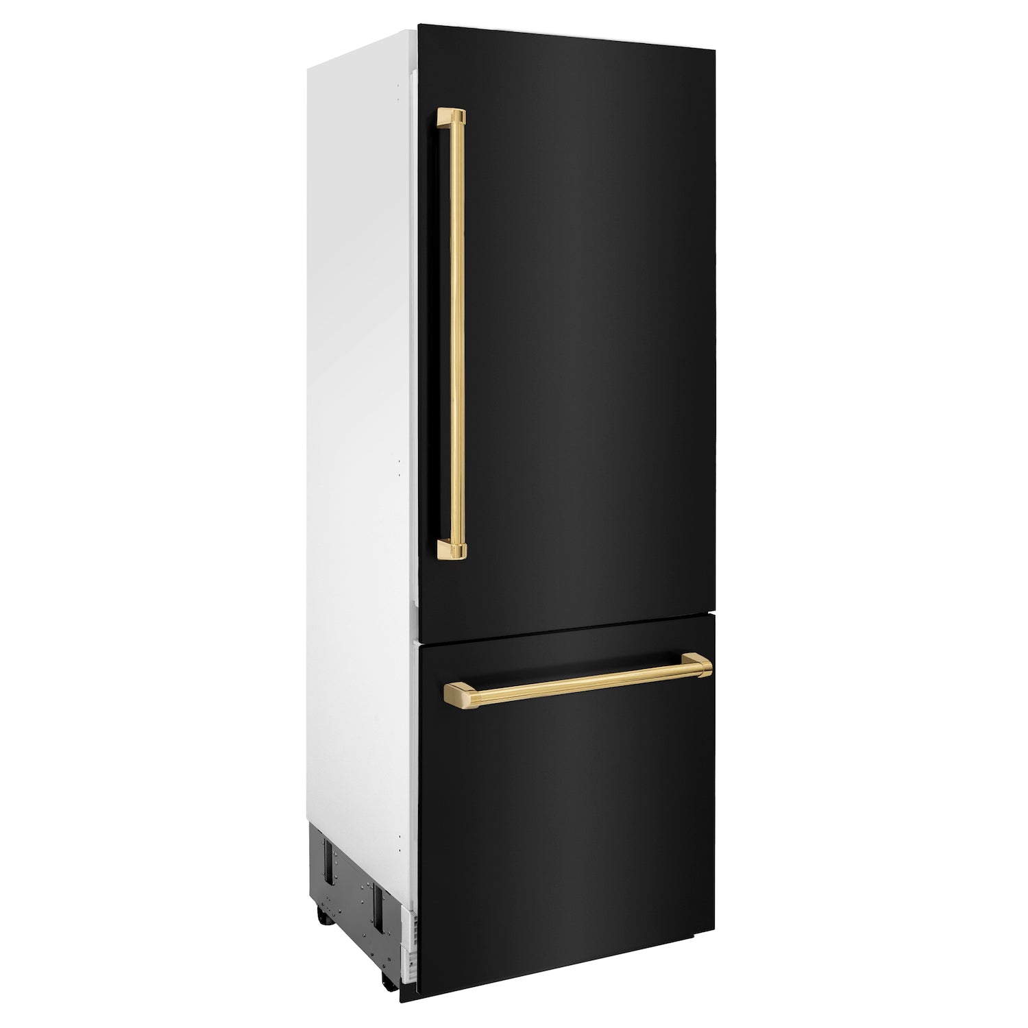 ZLINE Autograph Edition 30 in. 16.1 cu. ft. Built-in 2-Door Bottom Freezer Refrigerator with Internal Water and Ice Dispenser in Black Stainless Steel with Polished Gold Accents (RBIVZ-BS-30-G) side, closed.