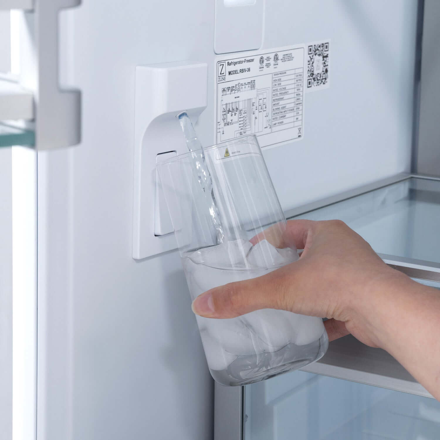 Internal water dispenser on ZLINE built-in refrigerator.