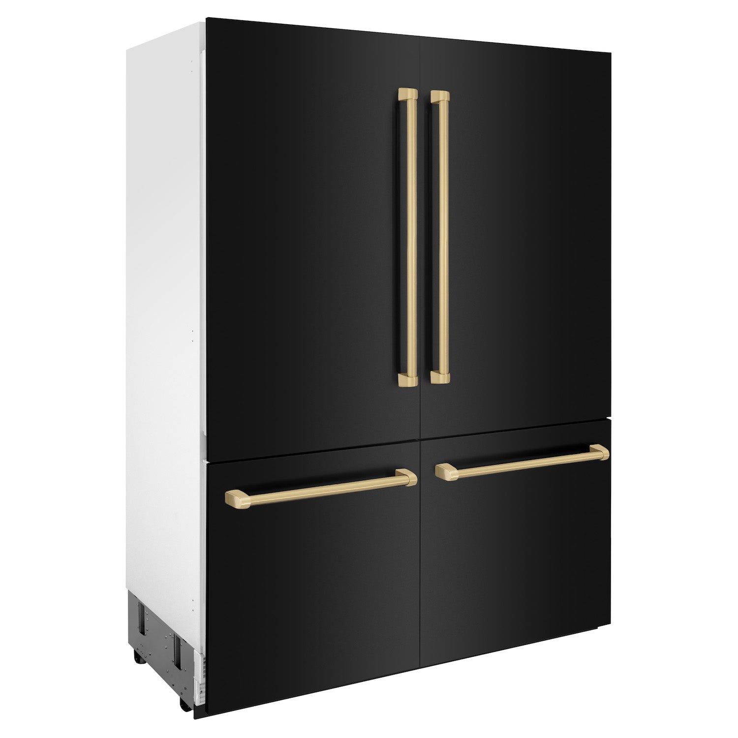 ZLINE Autograph Edition 60 in. 32.2 cu. ft. Built-in 4-Door French Door Refrigerator with Internal Water and Ice Dispenser in Black Stainless Steel with Champagne Bronze Accents (RBIVZ-BS-60-CB) side, closed.