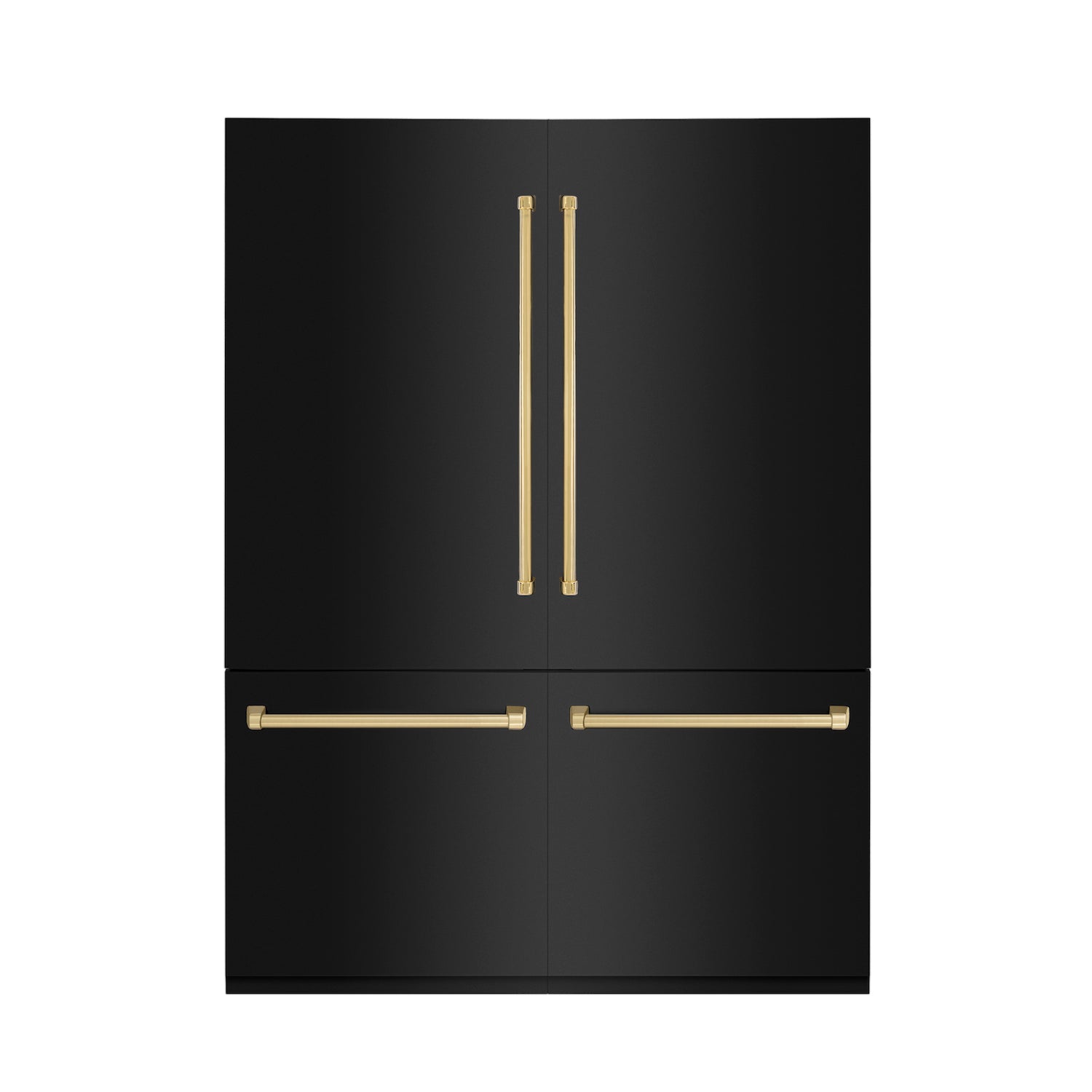 ZLINE Autograph Edition 60 in. 32.2 cu. ft. Built-in 4-Door French Door Refrigerator with Internal Water and Ice Dispenser in Black Stainless Steel with Polished Gold Accents (RBIVZ-BS-60-G) front, closed.