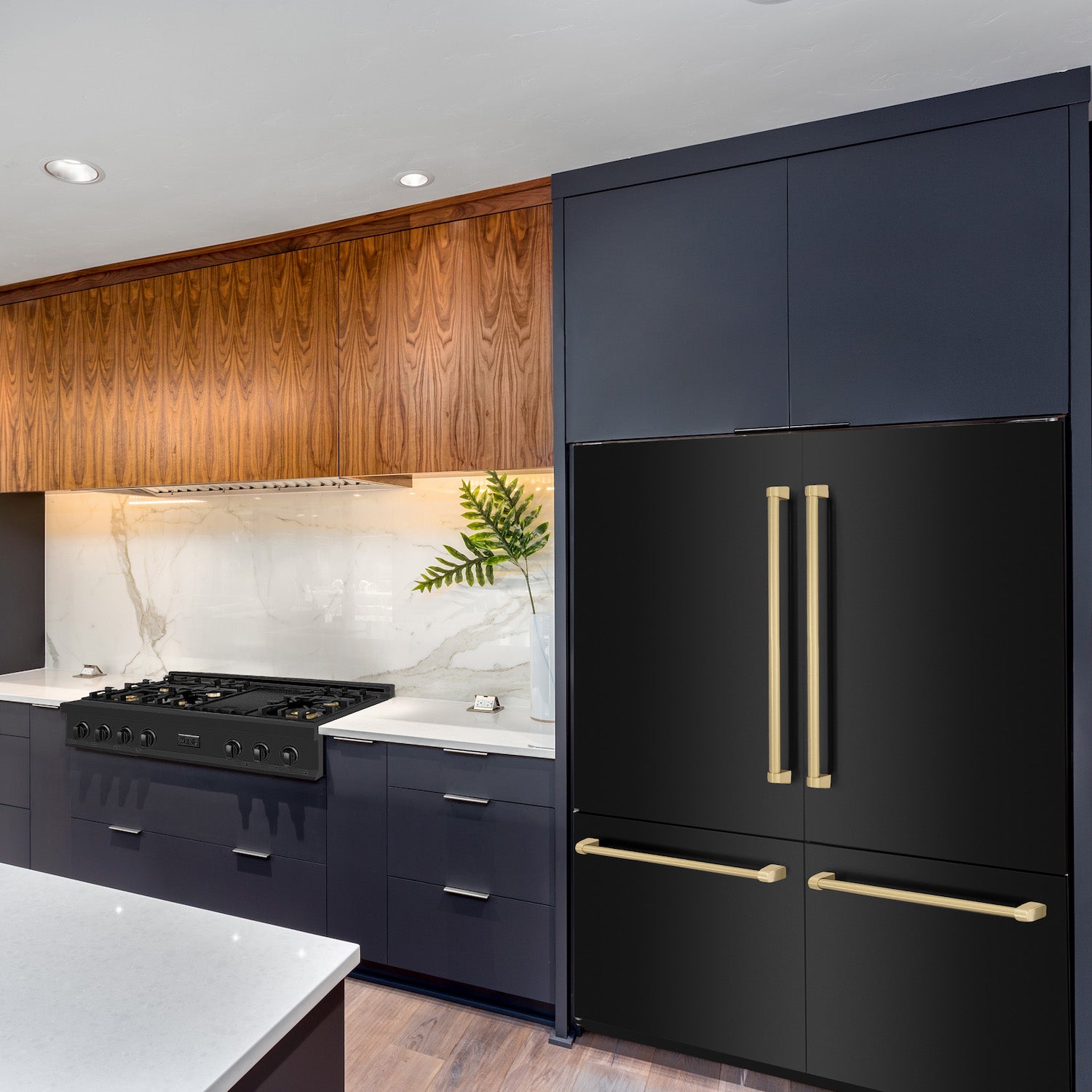 ZLINE Autograph Edition Built-in Refrigerator in Black Stainless Steel with Polished Gold Accent Handles in a kitchen.