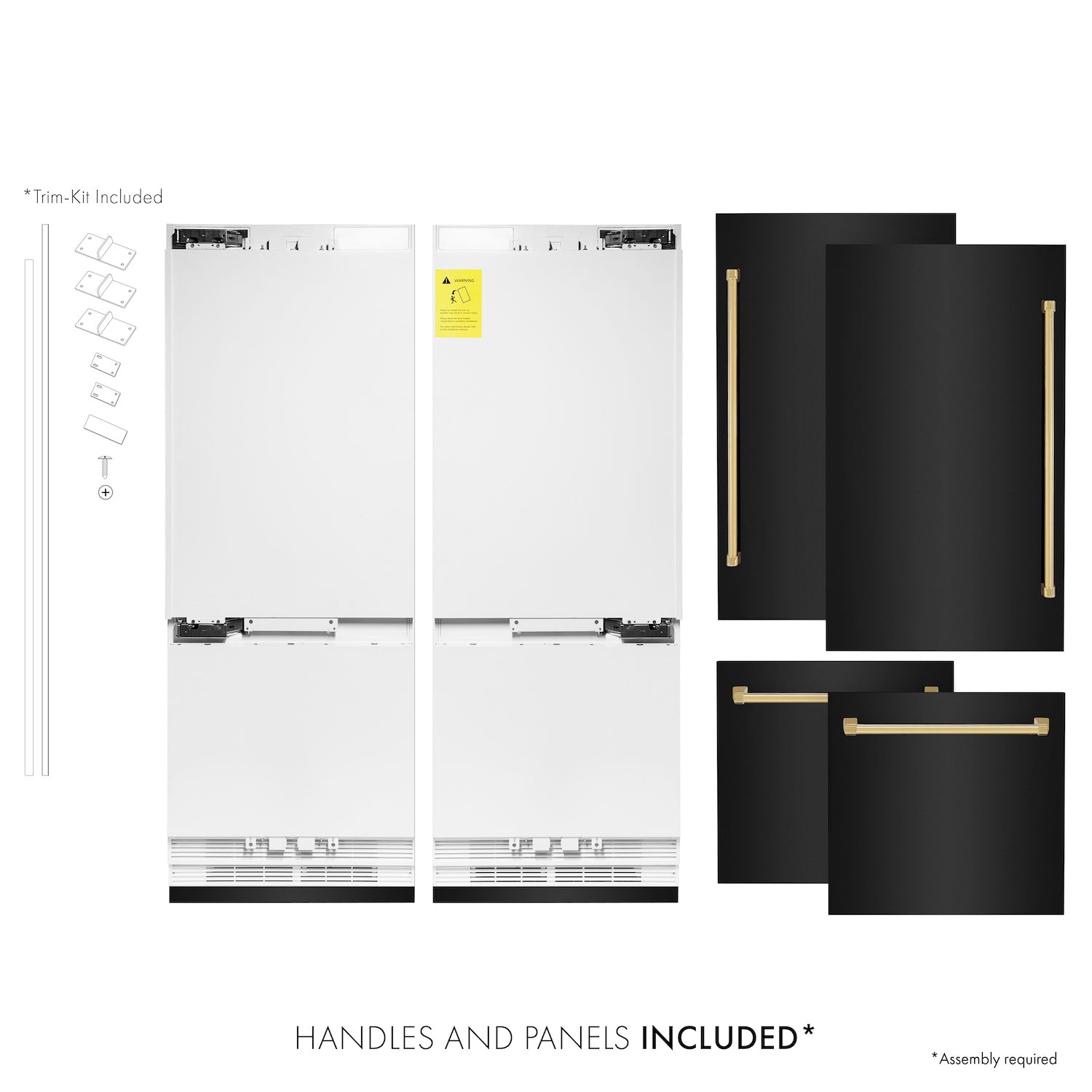 ZLINE Autograph Edition 60 in. 32.2 cu. ft. Built-in 4-Door French Door Refrigerator with Internal Water and Ice Dispenser in Black Stainless Steel with Polished Gold Accents (RBIVZ-BS-60-G) front, refrigeration unit, panels, and handles separated .