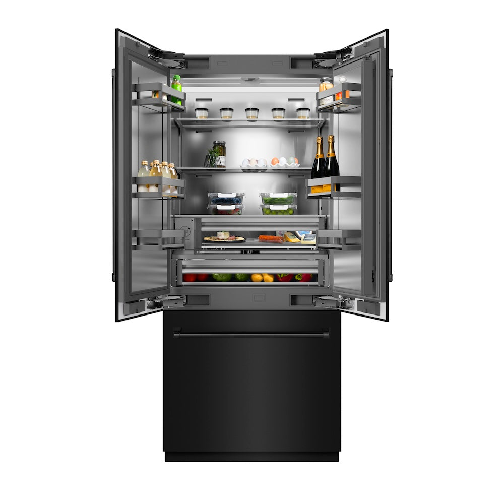 ZLINE 36 in. 19.6 cu. ft. French Door Built-In Bottom Freezer Refrigerator with Water Dispenser and Ice Maker in Black Stainless Steel with Stainless Steel Interior (SRBIV-BS-36) front, refrigeration compartment open with food inside.