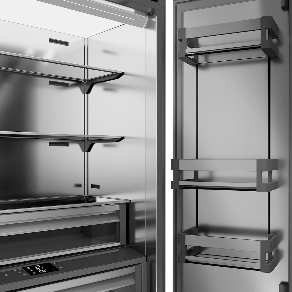 ZLINE Autograph Edition 36 in. 19.6 cu. ft. French Door Built-In Bottom Freezer Refrigerator with Water Dispenser and Ice Maker in Black Stainless Steel with Stainless Steel Interior and Champagne Bronze Accents (SRBIVZ-BS-36-CB) stainless steel interior.