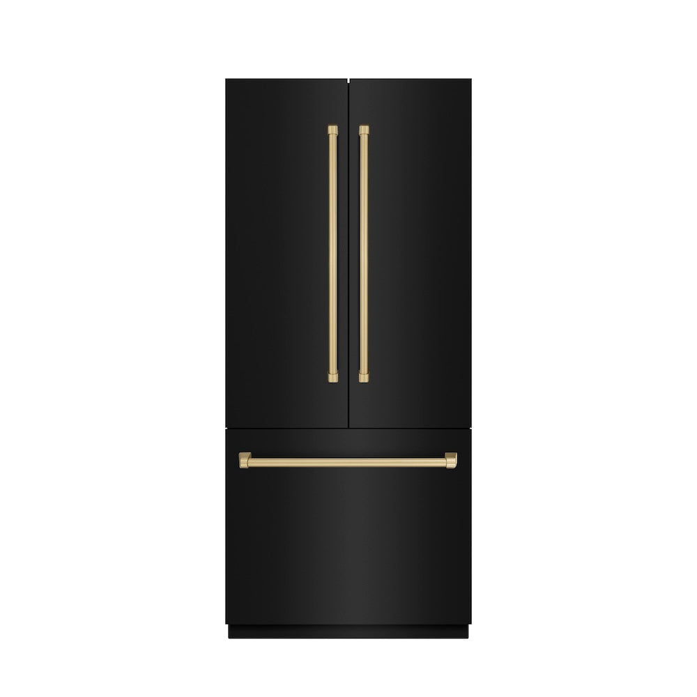 ZLINE Autograph Edition 36 in. 19.6 cu. ft. French Door Built-In Bottom Freezer Refrigerator with Water Dispenser and Ice Maker in Black Stainless Steel with Stainless Steel Interior and Champagne Bronze Accents (SRBIVZ-BS-36-CB)