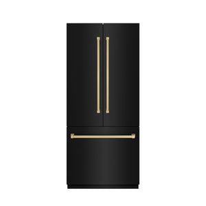 ZLINE Autograph Edition 36 in. 19.6 cu. ft. French Door Built-In Bottom Freezer Refrigerator with Water Dispenser and Ice Maker in Black Stainless Steel with Stainless Steel Interior and Champagne Bronze Accents (SRBIVZ-BS-36-CB) main image.