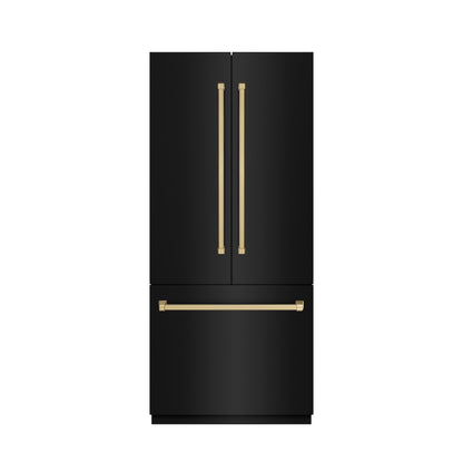 ZLINE Autograph Edition 36 in. 19.6 cu. ft. French Door Built-In Bottom Freezer Refrigerator with Water Dispenser and Ice Maker in Black Stainless Steel with Stainless Steel Interior and Champagne Bronze Accents (SRBIVZ-BS-36-CB)