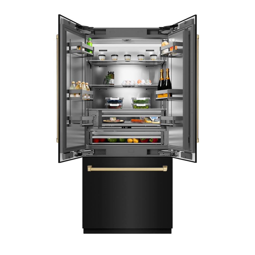 ZLINE Autograph Edition 36 in. 19.6 cu. ft. French Door Built-In Bottom Freezer Refrigerator with Water Dispenser and Ice Maker in Black Stainless Steel with Stainless Steel Interior and Champagne Bronze Accents (SRBIVZ-BS-36-CB) front, refrigeration compartment open with food inside.