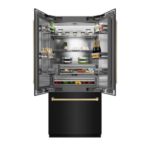 ZLINE Autograph Edition 36 in. 19.6 cu. ft. French Door Built-In Bottom Freezer Refrigerator with Water Dispenser and Ice Maker in Black Stainless Steel with Stainless Steel Interior and Champagne Bronze Accents (SRBIVZ-BS-36-CB) front, refrigeration compartment open with food inside.