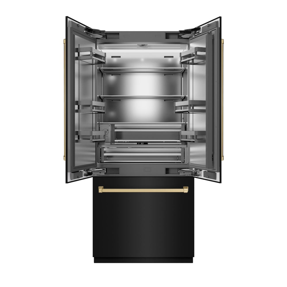 ZLINE Autograph Edition 36 in. 19.6 cu. ft. French Door Built-In Bottom Freezer Refrigerator with Water Dispenser and Ice Maker in Black Stainless Steel with Stainless Steel Interior and Champagne Bronze Accents (SRBIVZ-BS-36-CB) front, refrigeration compartment open.