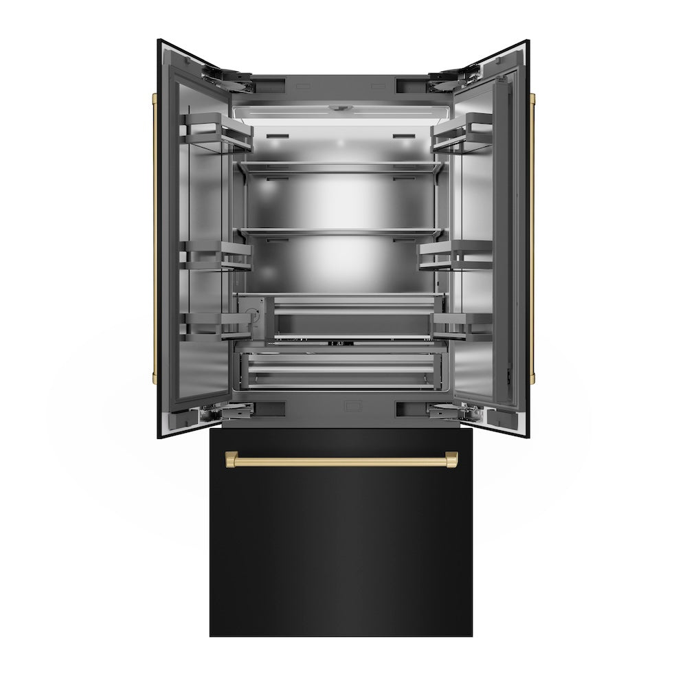 ZLINE Autograph Edition 36 in. 19.6 cu. ft. French Door Built-In Bottom Freezer Refrigerator with Water Dispenser and Ice Maker in Black Stainless Steel with Stainless Steel Interior and Champagne Bronze Accents (SRBIVZ-BS-36-CB) front, refrigeration compartment and bottom freezer drawer open.