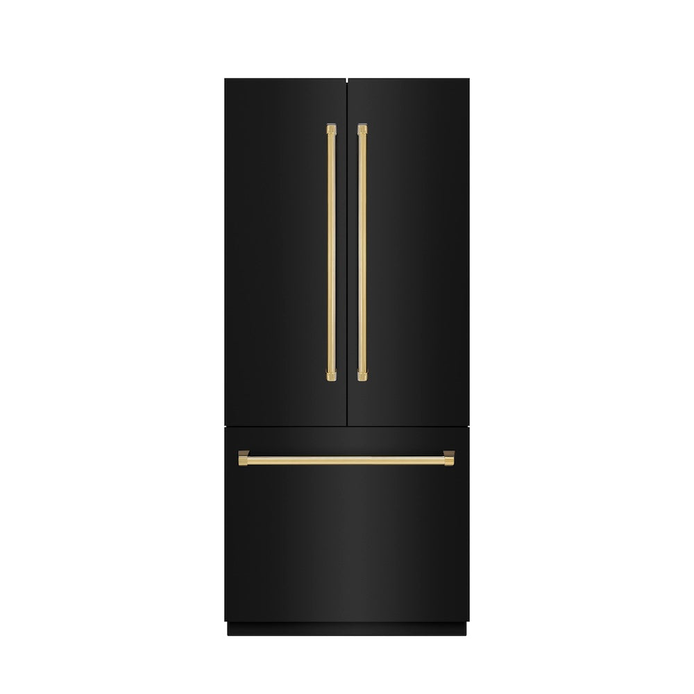 ZLINE Autograph Edition 36 in. 19.6 cu. ft. French Door Built-In Bottom Freezer Refrigerator with Water Dispenser and Ice Maker in Black Stainless Steel with Stainless Steel Interior and Polished Gold Accents (SRBIVZ-BS-36-G)