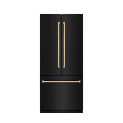 ZLINE Autograph Edition 36 in. 19.6 cu. ft. French Door Built-In Bottom Freezer Refrigerator with Water Dispenser and Ice Maker in Black Stainless Steel with Stainless Steel Interior and Polished Gold Accents (SRBIVZ-BS-36-G)