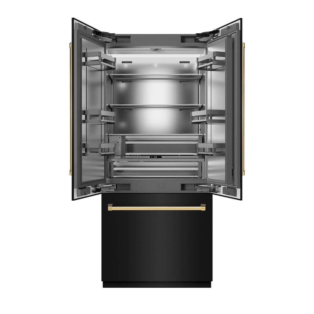 ZLINE Autograph Edition 36 in. 19.6 cu. ft. French Door Built-In Bottom Freezer Refrigerator with Water Dispenser and Ice Maker in Black Stainless Steel with Stainless Steel Interior and Polished Gold Accents (SRBIVZ-BS-36-G) front, refrigeration compartment open.