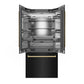 ZLINE Autograph Edition 36 in. 19.6 cu. ft. French Door Built-In Bottom Freezer Refrigerator with Water Dispenser and Ice Maker in Black Stainless Steel with Stainless Steel Interior and Polished Gold Accents (SRBIVZ-BS-36-G) front, refrigeration compartment and bottom freezer drawer open.
