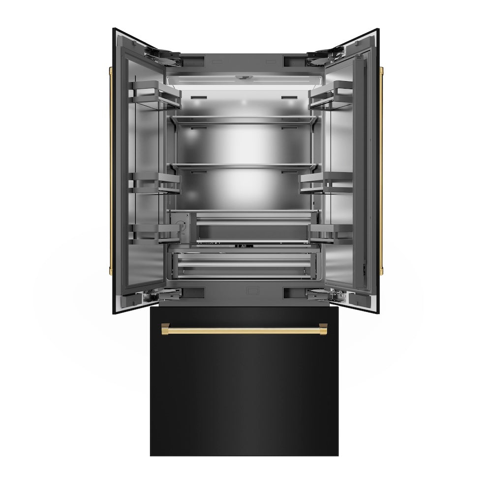 ZLINE Autograph Edition 36 in. 19.6 cu. ft. French Door Built-In Bottom Freezer Refrigerator with Water Dispenser and Ice Maker in Black Stainless Steel with Stainless Steel Interior and Polished Gold Accents (SRBIVZ-BS-36-G) front, refrigeration compartment and bottom freezer drawer open.