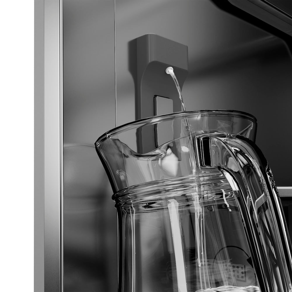 ZLINE Autograph Edition 36 in. 19.6 cu. ft. French Door Built-In Bottom Freezer Refrigerator with Water Dispenser and Ice Maker in Black Stainless Steel with Stainless Steel Interior and Champagne Bronze Helix Handles (SRBIVZ-BS36KCB) internal water dispenser.