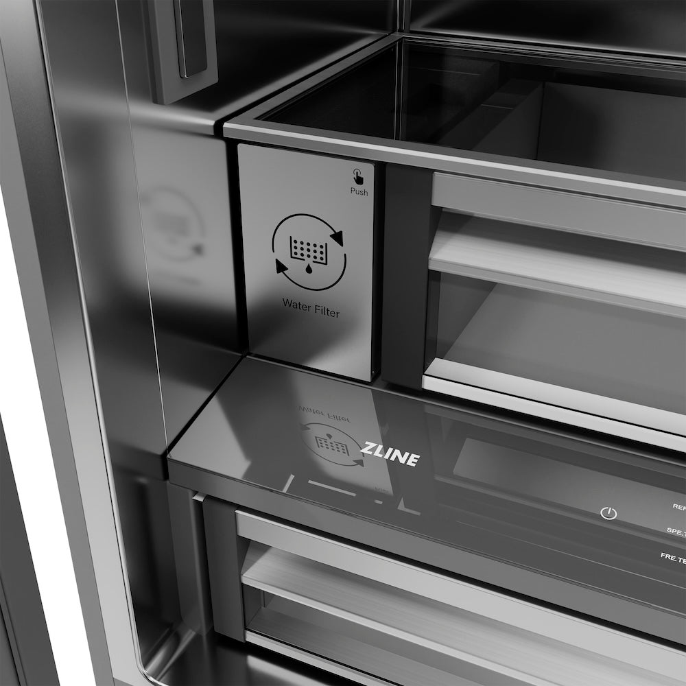 ZLINE Autograph Edition 36 in. 19.6 cu. ft. French Door Built-In Bottom Freezer Refrigerator with Water Dispenser and Ice Maker in Black Stainless Steel with Stainless Steel Interior and Champagne Bronze Helix Handles (SRBIVZ-BS36KCB) water filter.