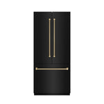ZLINE Autograph Edition 36 in. 19.6 cu. ft. French Door Built-In Bottom Freezer Refrigerator with Water Dispenser and Ice Maker in Black Stainless Steel with Stainless Steel Interior and Champagne Bronze Helix Handles (SRBIVZ-BS36KCB) front, closed.