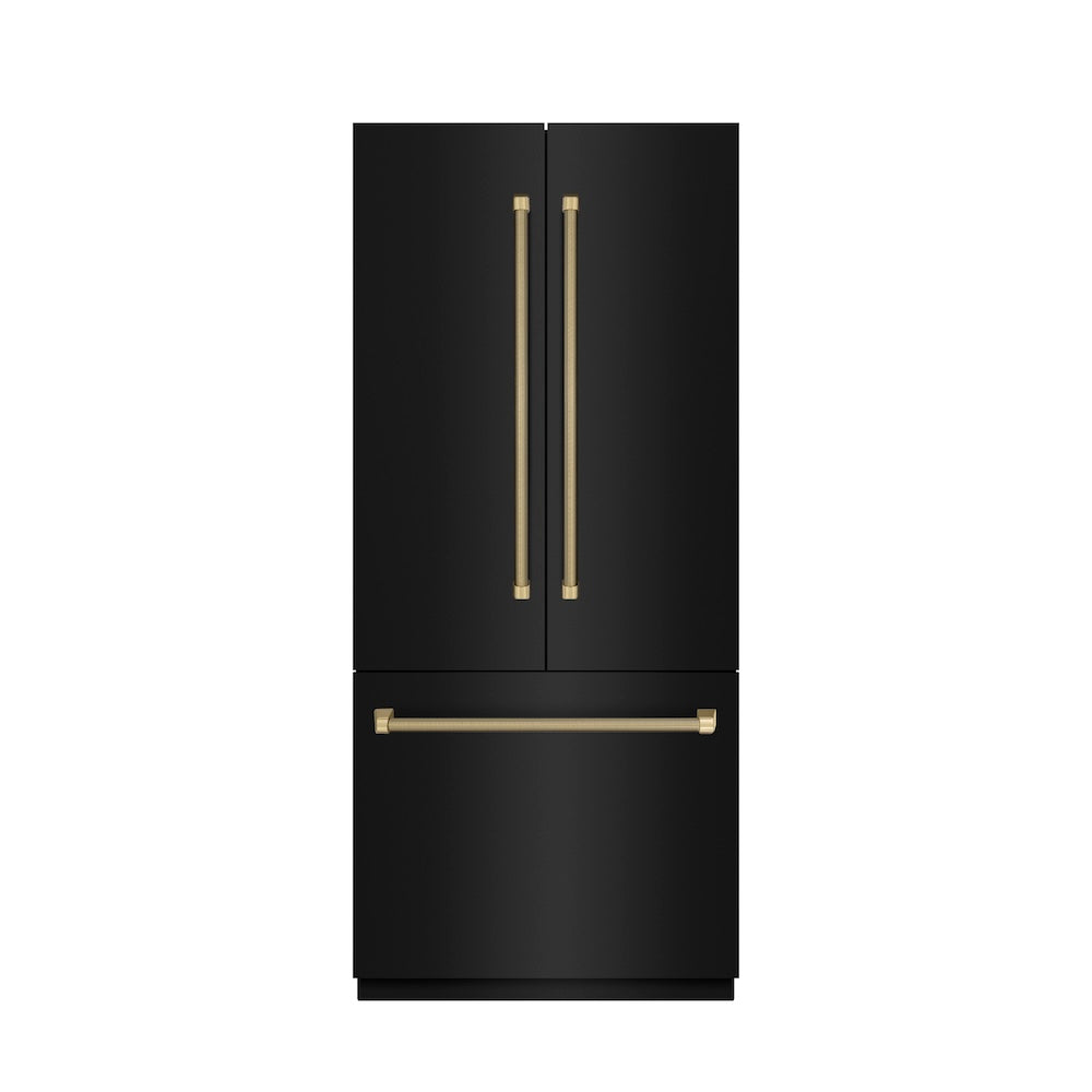 ZLINE Autograph Edition 36 in. 19.6 cu. ft. French Door Built-In Bottom Freezer Refrigerator with Water Dispenser and Ice Maker in Black Stainless Steel with Stainless Steel Interior and Champagne Bronze Helix Handles (SRBIVZ-BS36KCB) front, closed.