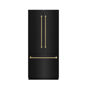 ZLINE Autograph Edition 36 in. 19.6 cu. ft. French Door Built-In Bottom Freezer Refrigerator with Water Dispenser and Ice Maker in Black Stainless Steel with Stainless Steel Interior and Champagne Bronze Helix Handles (SRBIVZ-BS36KCB) main image.
