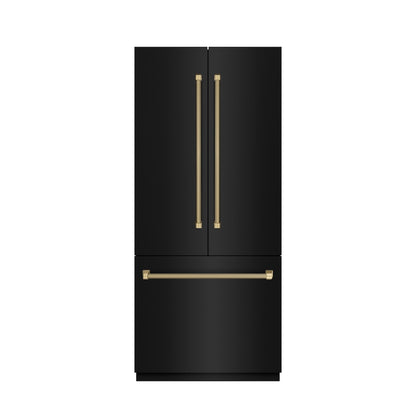 ZLINE Autograph Edition 36 in. 19.6 cu. ft. French Door Built-In Bottom Freezer Refrigerator with Water Dispenser and Ice Maker in Black Stainless Steel with Stainless Steel Interior and Champagne Bronze Helix Handles (SRBIVZ-BS36KCB) front, closed.