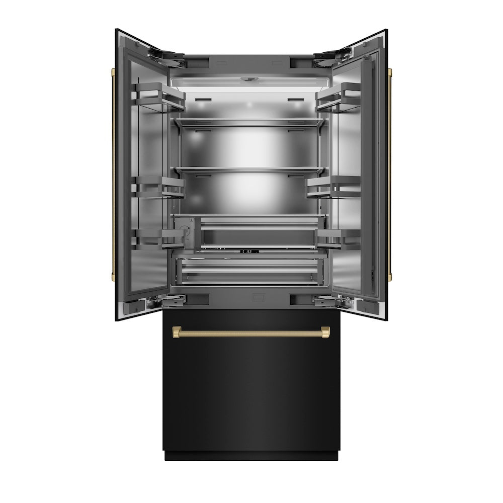 ZLINE Autograph Edition 36 in. 19.6 cu. ft. French Door Built-In Bottom Freezer Refrigerator with Water Dispenser and Ice Maker in Black Stainless Steel with Stainless Steel Interior and Champagne Bronze Helix Handles (SRBIVZ-BS36KCB) front, refrigeration compartment open.