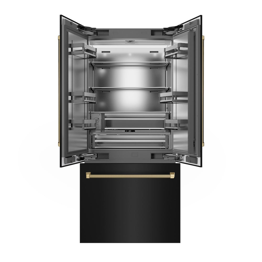 ZLINE Autograph Edition 36 in. 19.6 cu. ft. French Door Built-In Bottom Freezer Refrigerator with Water Dispenser and Ice Maker in Black Stainless Steel with Stainless Steel Interior and Champagne Bronze Helix Handles (SRBIVZ-BS36KCB) front, refrigeration compartment and bottom freezer open.