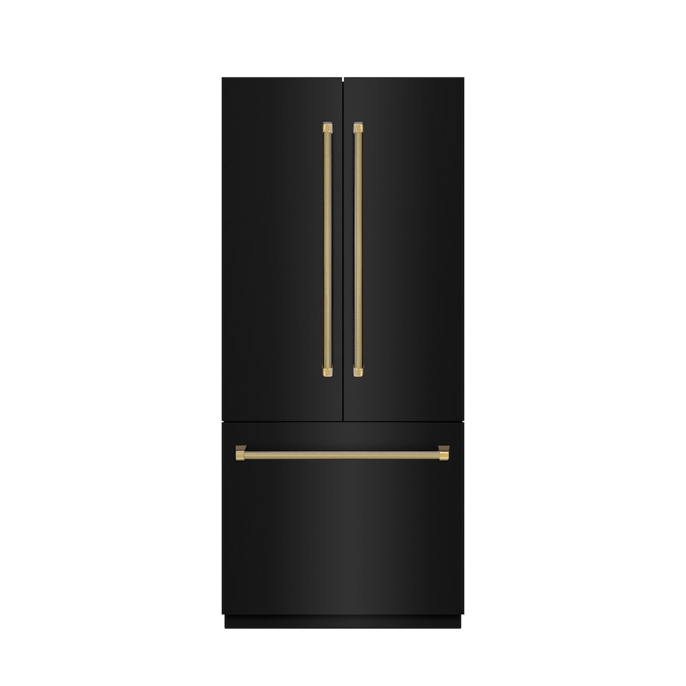 ZLINE Autograph Edition 36 in. 19.6 cu. ft. French Door Built-In Bottom Freezer Refrigerator with Water Dispenser and Ice Maker in Black Stainless Steel with Stainless Steel Interior and Polished Gold Helix Handles (SRBIVZ-BS36KG) front, closed.