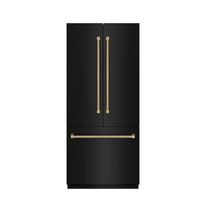 ZLINE Autograph Edition 36 in. 19.6 cu. ft. French Door Built-In Bottom Freezer Refrigerator with Water Dispenser and Ice Maker in Black Stainless Steel with Stainless Steel Interior and Polished Gold Helix Handles (SRBIVZ-BS36KG) front, closed.