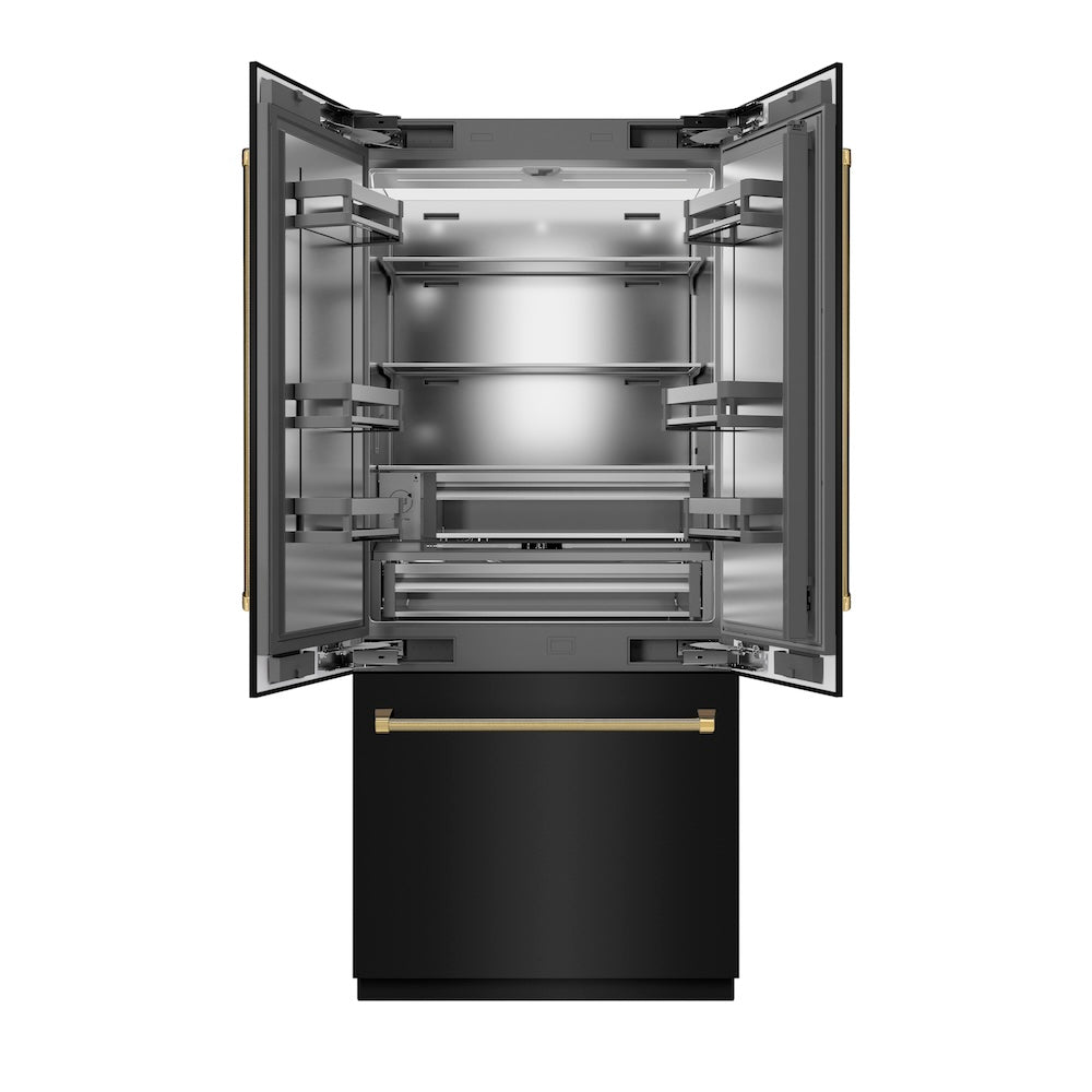 ZLINE Autograph Edition 36 in. 19.6 cu. ft. French Door Built-In Bottom Freezer Refrigerator with Water Dispenser and Ice Maker in Black Stainless Steel with Stainless Steel Interior and Polished Gold Helix Handles (SRBIVZ-BS36KG) front, refrigeration compartment open.