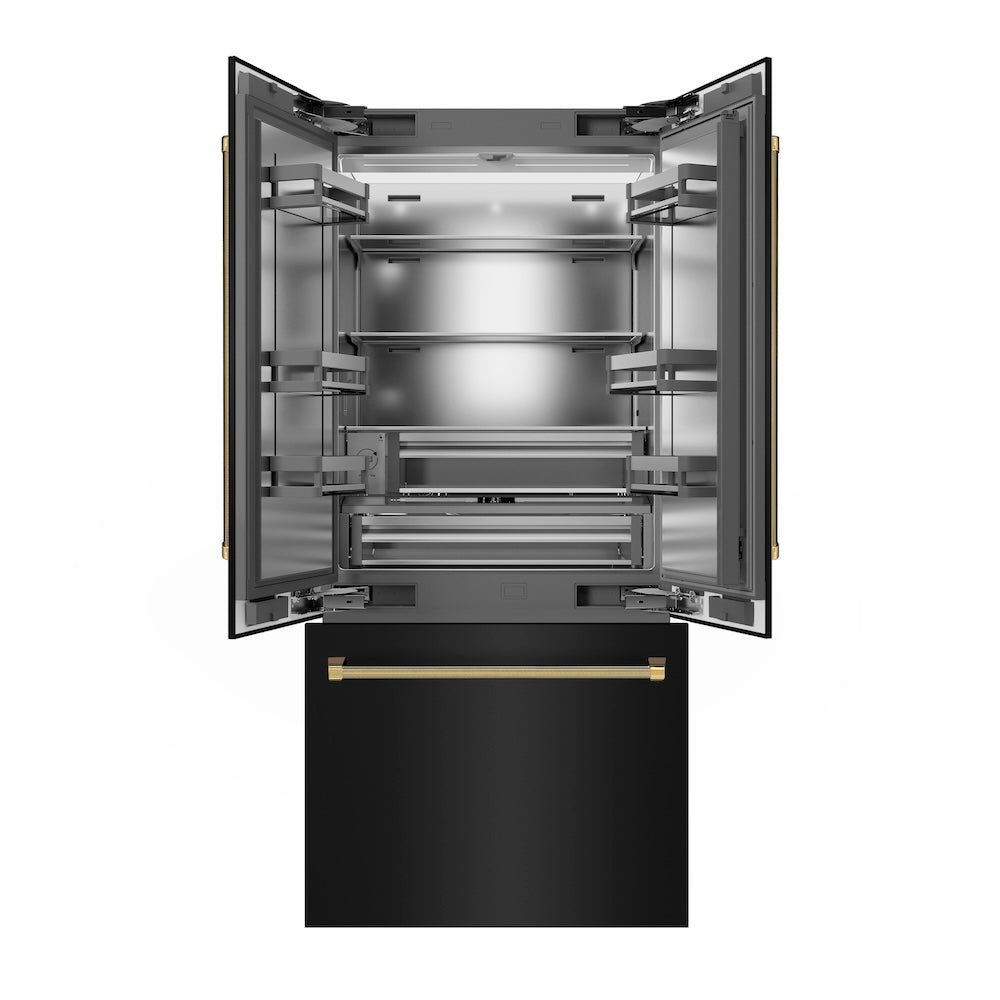 ZLINE Autograph Edition 36 in. 19.6 cu. ft. French Door Built-In Bottom Freezer Refrigerator with Water Dispenser and Ice Maker in Black Stainless Steel with Stainless Steel Interior and Polished Gold Helix Handles (SRBIVZ-BS36KG) front, refrigeration compartment and bottom freezer open.