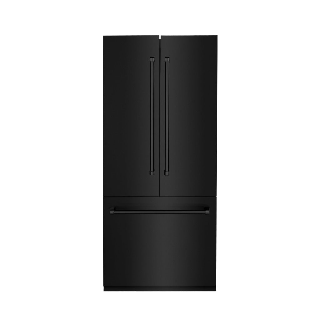 ZLINE 36 in. 19.6 cu. ft. Built-In 3-Door French Door Refrigerator with Internal Water and Ice Dispenser in Black Stainless Steel (RBIV-BS-36) front, closed.