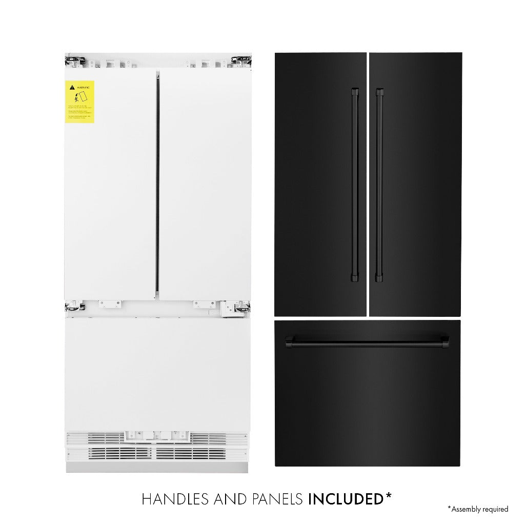 ZLINE 36 in. 19.6 cu. ft. Built-In 3-Door French Door Refrigerator with Internal Water and Ice Dispenser in Black Stainless Steel (RBIV-BS-36) front, refrigeration unit, panels, and handles separated .