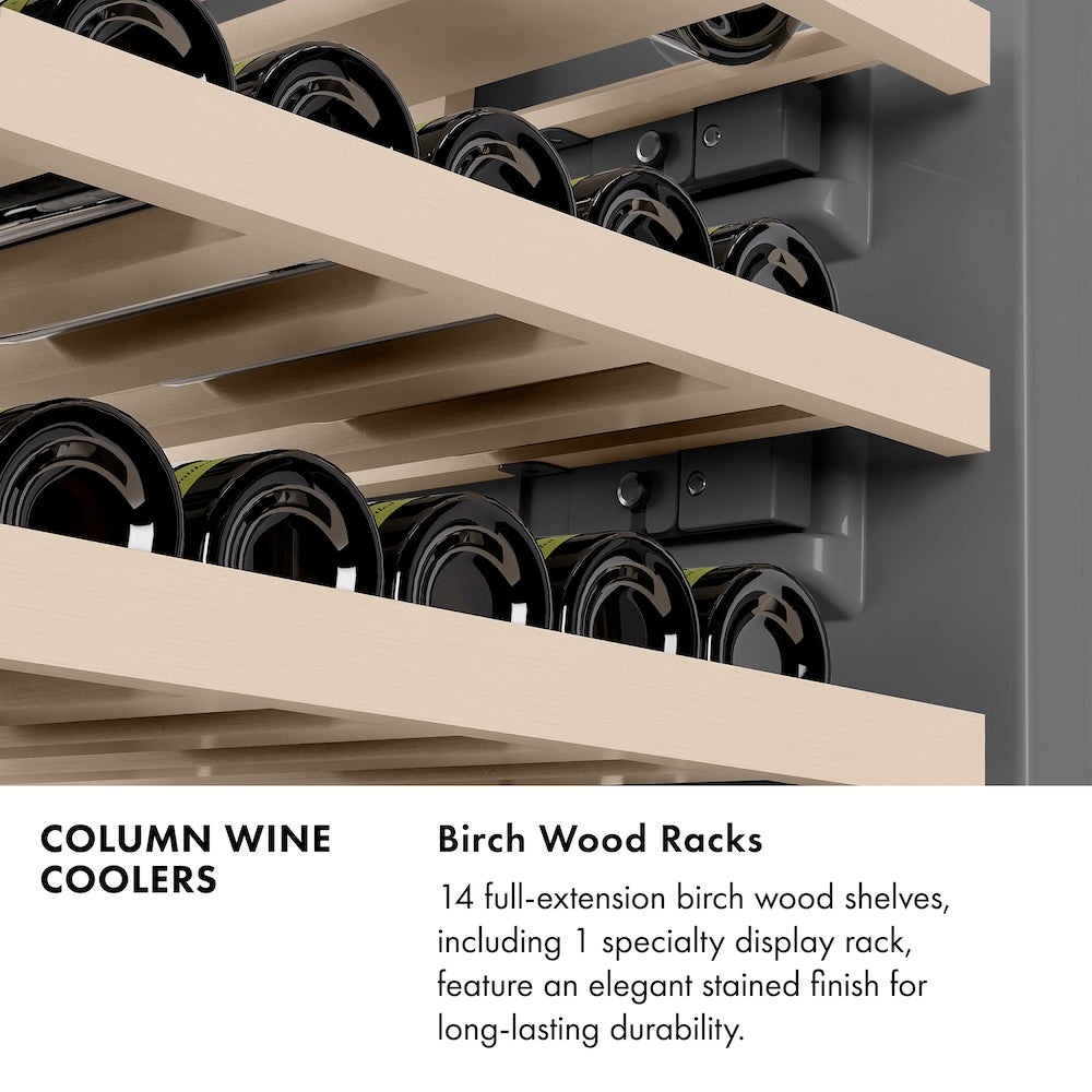 ZLINE Column Wine Coolers Infographic. Birch Wood Racks. Text: 14 full-extension wood shelves, including 1 specialty display rack, feature an elegant stained finish for long lasting durability.