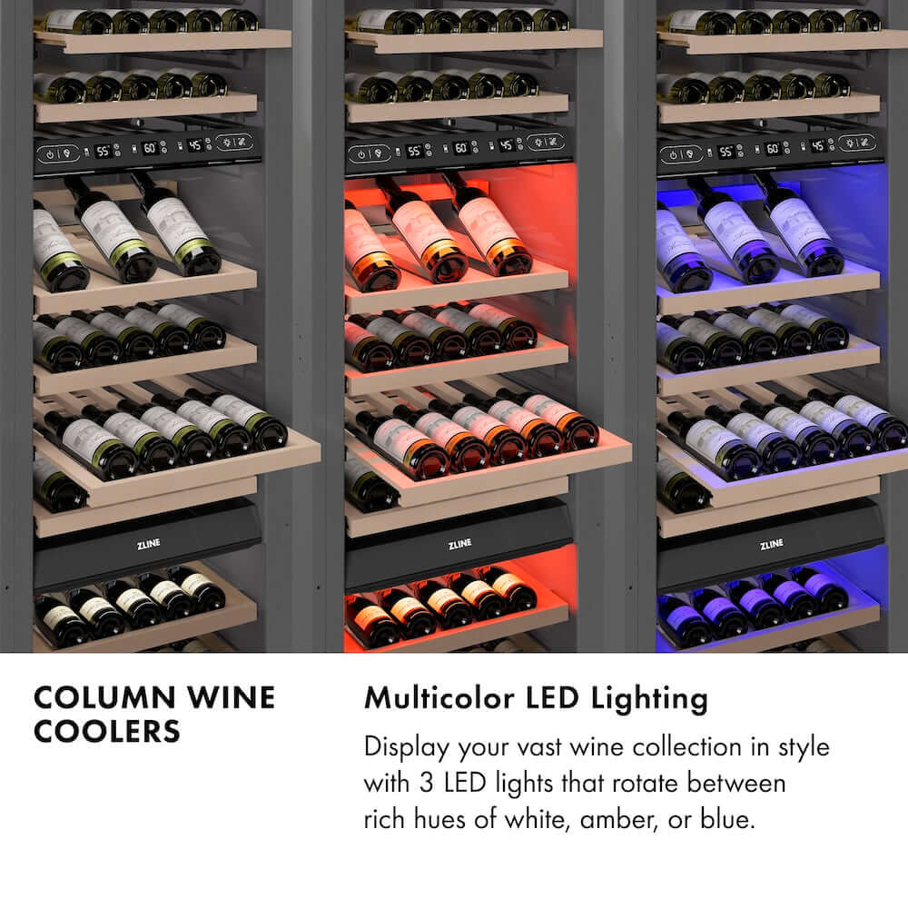 ZLINE Column Wine Coolers Infographic. Multicolor LED lighting. Text: Display your vast wine collection in style with 3 LED lights that rotate between rich hues of white, amber, or blue.