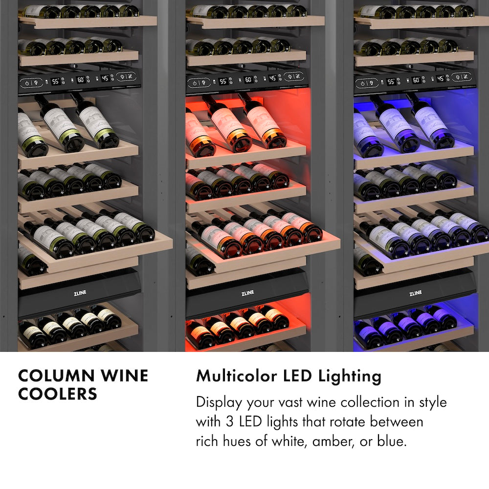 ZLINE Column Wine Coolers Infographic. Multicolor LED lighting. Text: Display your vast wine collection in style with 3 LED lights that rotate between rich hues of white, amber, or blue.